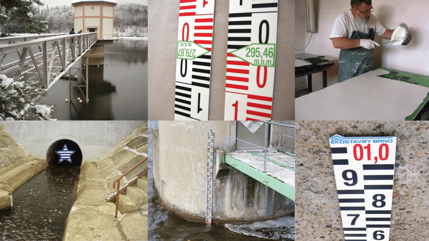 Odolné cedule, tabule a ukazatele na měření hladin | Sklolaminát Galerie pro ukazatel na měření výšky hladiny vody, též zvaný vodočet (vodočetná lať, vodočetná stanice), limnigraf, (limnigrafická lať, limnigrafická stanice), hladinoměr nebo obecně vodoměr či vodoměrná lať nebo vodoměrná stanice a její výroba.